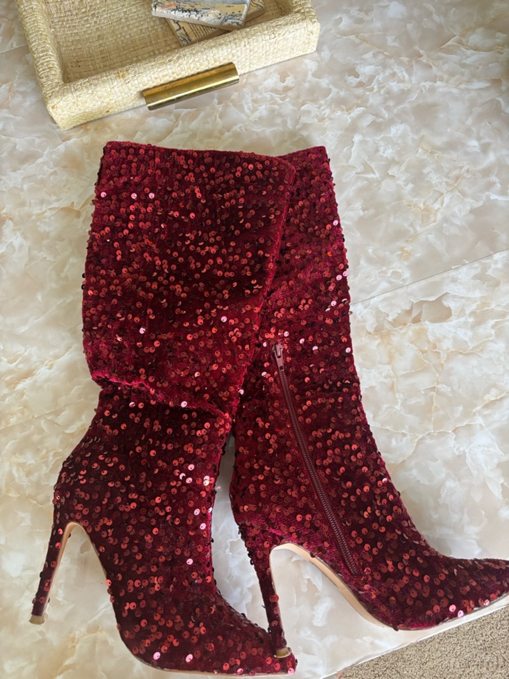 SHEIN Red Sequin Knee-High Stiletto Boots